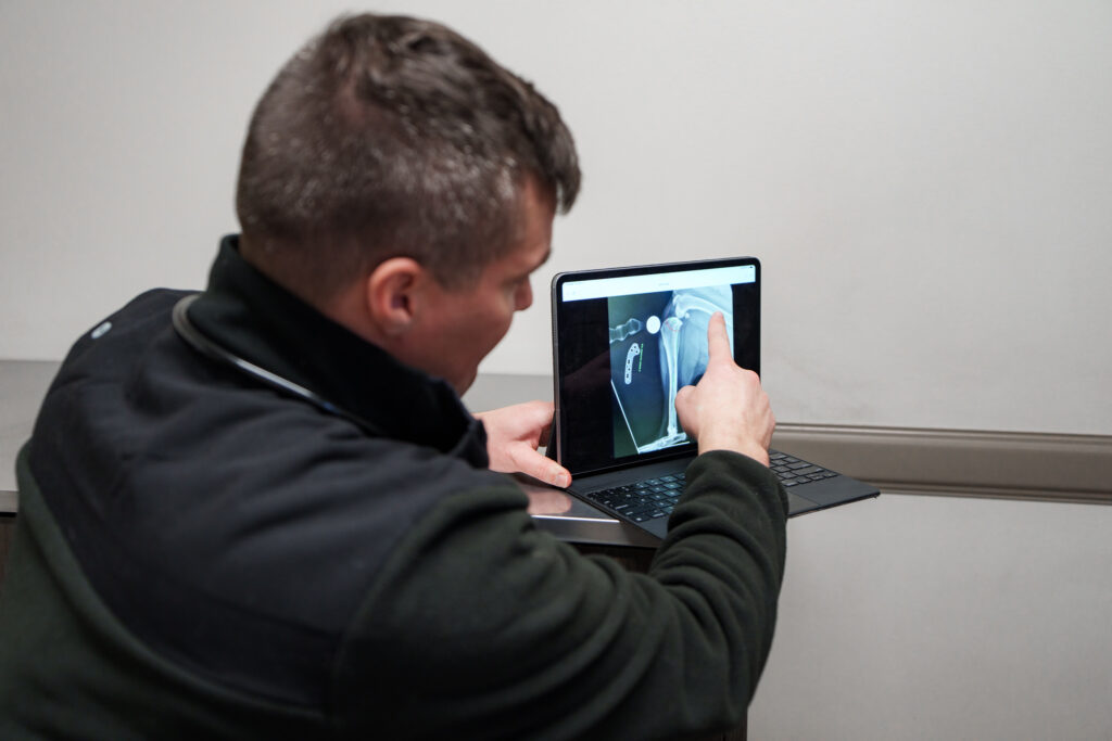 COVE veterinarian reviewing a dog's knee X-ray during an orthopedic consultation
