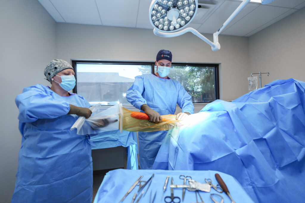 COVE orthopedic surgery team working beside a prepared instrument table during a canine procedure